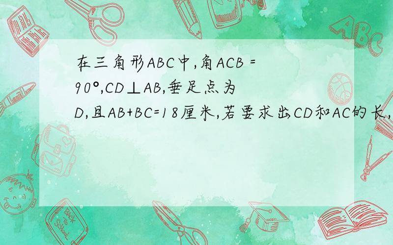 在三角形ABC中,角ACB＝90°,CD⊥AB,垂足点为D,且AB+BC=18厘米,若要求出CD和AC的长,还需要添加什