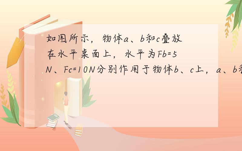 如图所示，物体a、b和c叠放在水平桌面上，水平为Fb=5N、Fc=10N分别作用于物体b、c上，a、b和c仍保持静止.以