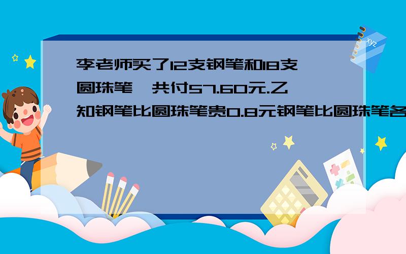 李老师买了12支钢笔和18支圆珠笔,共付57.60元.乙知钢笔比圆珠笔贵0.8元钢笔比圆珠笔各多少元?