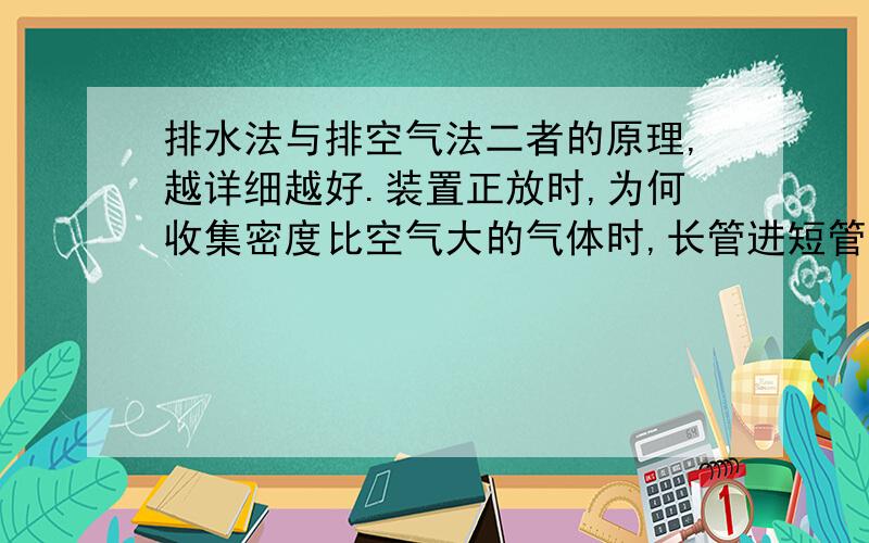 排水法与排空气法二者的原理,越详细越好.装置正放时,为何收集密度比空气大的气体时,长管进短管出,密度比空气小的短进长出,