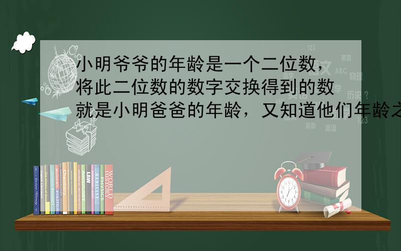 小明爷爷的年龄是一个二位数，将此二位数的数字交换得到的数就是小明爸爸的年龄，又知道他们年龄之差是小明年龄的4倍，求小明的