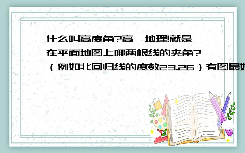 什么叫高度角?高一地理!就是在平面地图上哪两根线的夹角?（例如北回归线的度数23.26）有图最好!满分