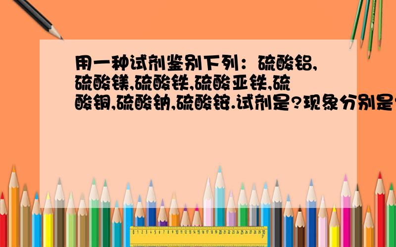 用一种试剂鉴别下列：硫酸铝,硫酸镁,硫酸铁,硫酸亚铁,硫酸铜,硫酸钠,硫酸铵.试剂是?现象分别是?