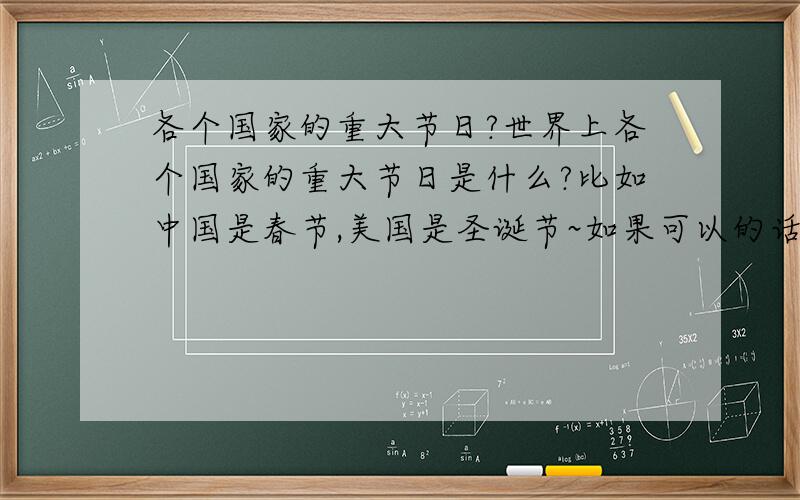 各个国家的重大节日?世界上各个国家的重大节日是什么?比如中国是春节,美国是圣诞节~如果可以的话,就请写的详细些,最好每个