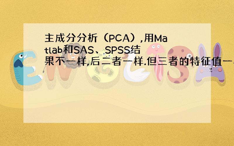 主成分分析（PCA）,用Matlab和SAS、SPSS结果不一样,后二者一样.但三者的特征值一样,特征向量正负不一