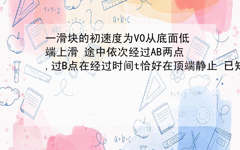 一滑块的初速度为V0从底面低端上滑 途中依次经过AB两点,过B点在经过时间t恰好在顶端静止 已知V0=4m/s AB=0