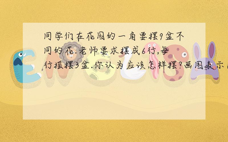 同学们在花园的一角要摆9盆不同的花.老师要求摆成6行,每行摇摆3盆.你认为应该怎样摆?画图表示出来.