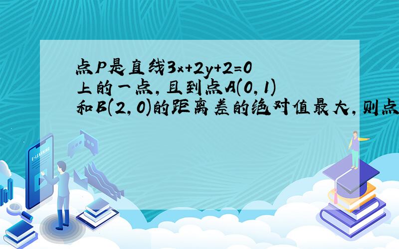 点P是直线3x+2y+2=0上的一点,且到点A(0,1)和B(2,0)的距离差的绝对值最大,则点P坐标