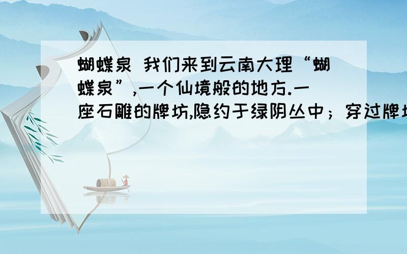 蝴蝶泉 我们来到云南大理“蝴蝶泉”,一个仙境般的地方.一座石雕的牌坊,隐约于绿阴丛中；穿过牌坊,沿着石阶向浓阴深处走去,