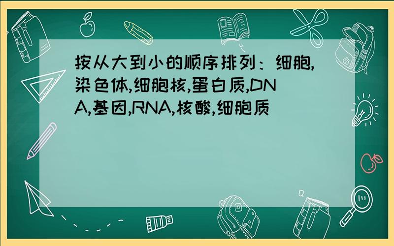 按从大到小的顺序排列：细胞,染色体,细胞核,蛋白质,DNA,基因,RNA,核酸,细胞质