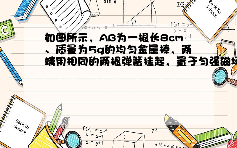 如图所示，AB为一根长8cm、质量为5g的均匀金属棒，两端用相同的两根弹簧挂起，置于匀强磁场中．当AB中无电流通过时，弹