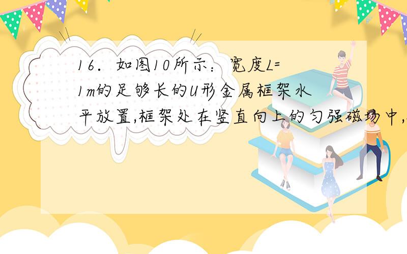 16．如图10所示：宽度L=1m的足够长的U形金属框架水平放置,框架处在竖直向上的匀强磁场中,磁感应强度B=1T