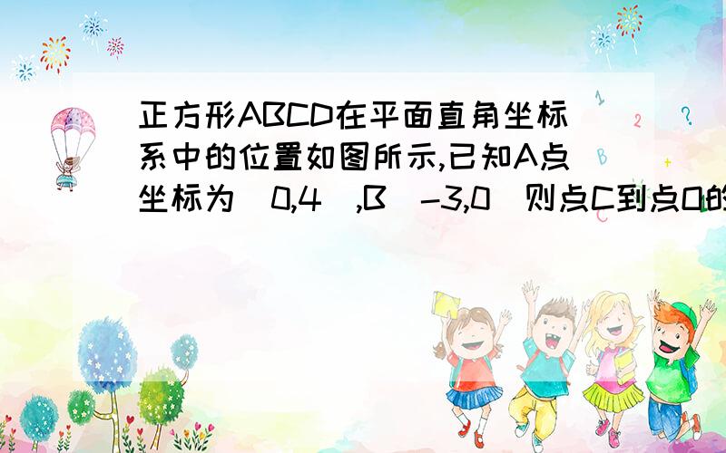 正方形ABCD在平面直角坐标系中的位置如图所示,已知A点坐标为（0,4）,B（-3,0）则点C到点O的距离为