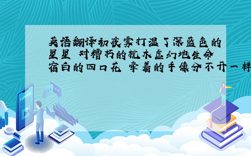 英语翻译初夜雾打湿了深蓝色的星星 对糟朽的枕木虚幻地生命宿白的四口花 牵着的手像分不开一样