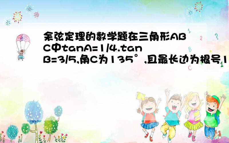 余弦定理的数学题在三角形ABC中tanA=1/4.tanB=3/5,角C为135°,且最长边为根号17,求最小边的边长.