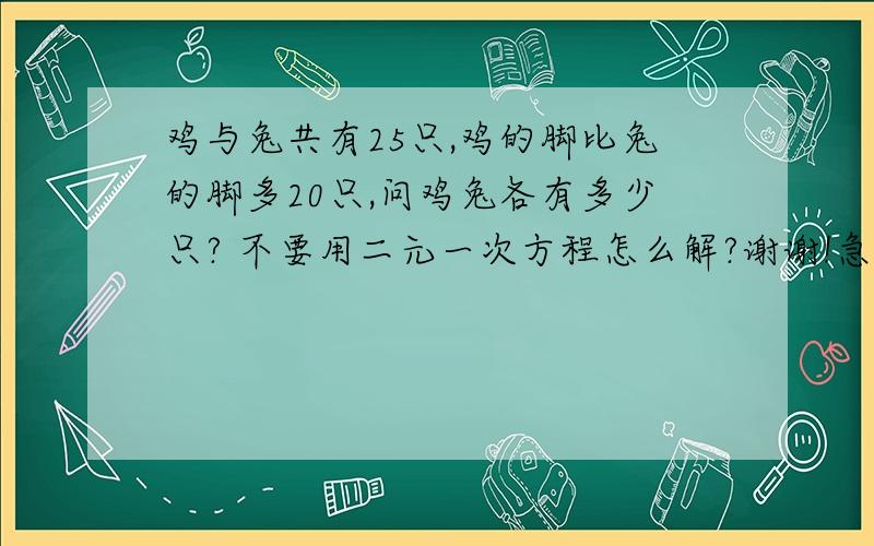 鸡与兔共有25只,鸡的脚比兔的脚多20只,问鸡兔各有多少只? 不要用二元一次方程怎么解?谢谢!急!