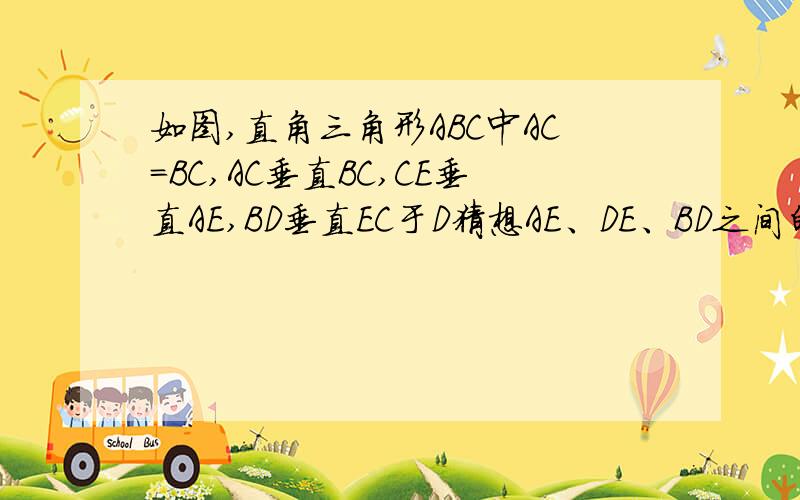 如图,直角三角形ABC中AC=BC,AC垂直BC,CE垂直AE,BD垂直EC于D猜想AE、DE、BD之间的关系并加以说明