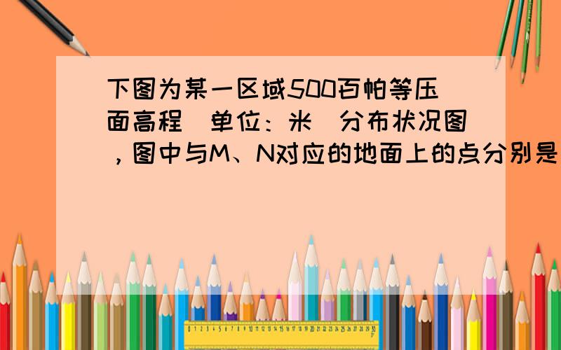 下图为某一区域500百帕等压面高程（单位：米）分布状况图，图中与M、N对应的地面上的点分别是甲、乙。请读图回答 