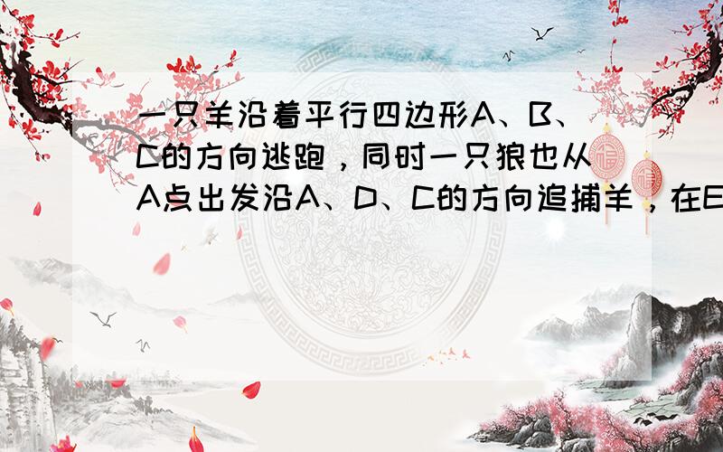 一只羊沿着平行四边形A、B、C的方向逃跑，同时一只狼也从A点出发沿A、D、C的方向追捕羊，在E点狼抓住羊．羊的速度是狼的