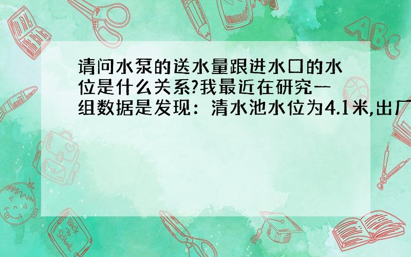 请问水泵的送水量跟进水口的水位是什么关系?我最近在研究一组数据是发现：清水池水位为4.1米,出厂水压力为3.2公斤,瞬时