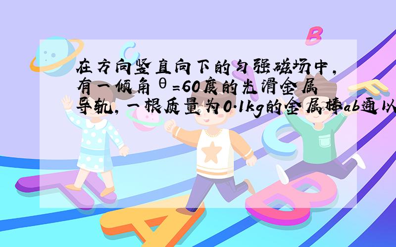 在方向竖直向下的匀强磁场中,有一倾角θ=60度的光滑金属导轨,一根质量为0.1kg的金属棒ab通以2A的电流时,ab棒沿