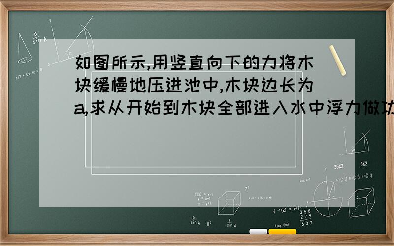 如图所示,用竖直向下的力将木块缓慢地压进池中,木块边长为a,求从开始到木块全部进入水中浮力做功.