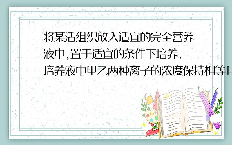 将某活组织放入适宜的完全营养液中,置于适宜的条件下培养.培养液中甲乙两种离子的浓度保持相等且恒定,定期测得细胞中两种离子