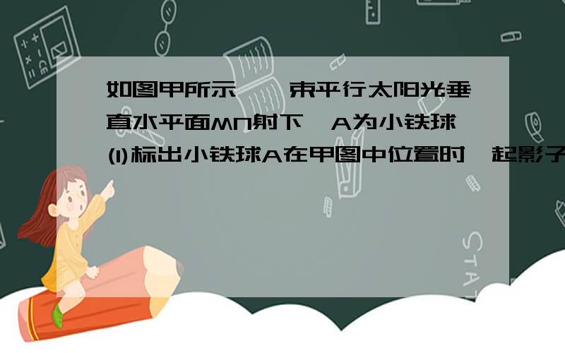 如图甲所示,一束平行太阳光垂直水平面MN射下,A为小铁球(1)标出小铁球A在甲图中位置时,起影子A在地面MN上的位置(用