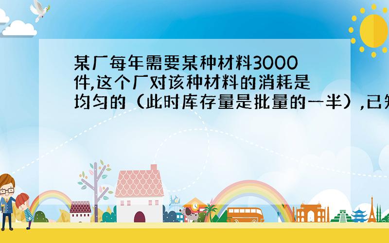 某厂每年需要某种材料3000件,这个厂对该种材料的消耗是均匀的（此时库存量是批量的一半）,已知这种材料每件库存费为2元,