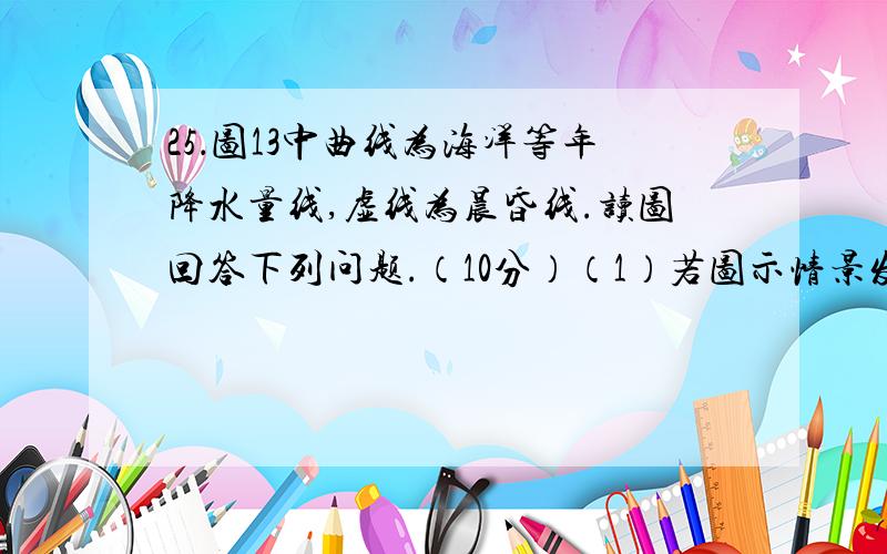 25．图13中曲线为海洋等年降水量线,虚线为晨昏线.读图回答下列问题.（10分）（1）若图示情景发生在哥本哈根气候会议时