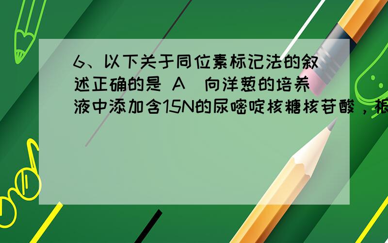 6、以下关于同位素标记法的叙述正确的是 A．向洋葱的培养液中添加含15N的尿嘧啶核糖核苷酸，根尖分生区细胞对该物质的吸收