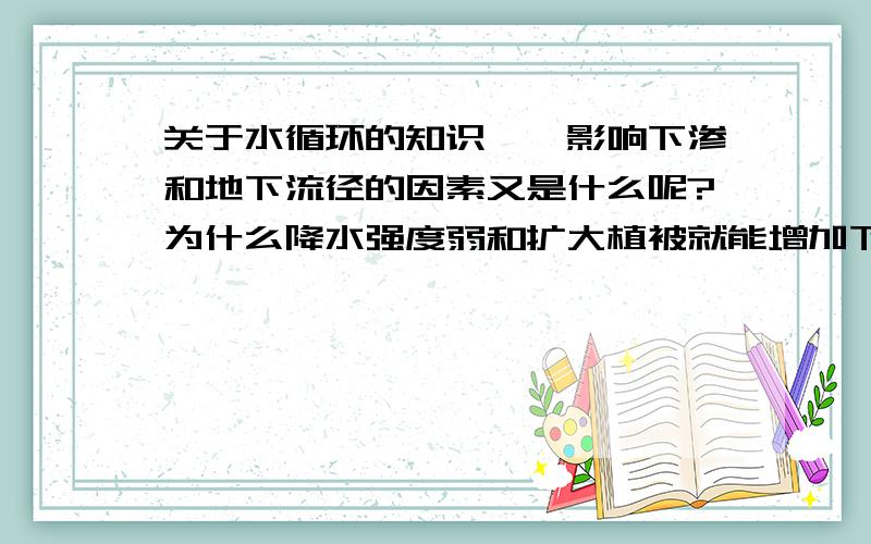 关于水循环的知识……影响下渗和地下流径的因素又是什么呢?为什么降水强度弱和扩大植被就能增加下渗和地下流径呢?与地表流径能