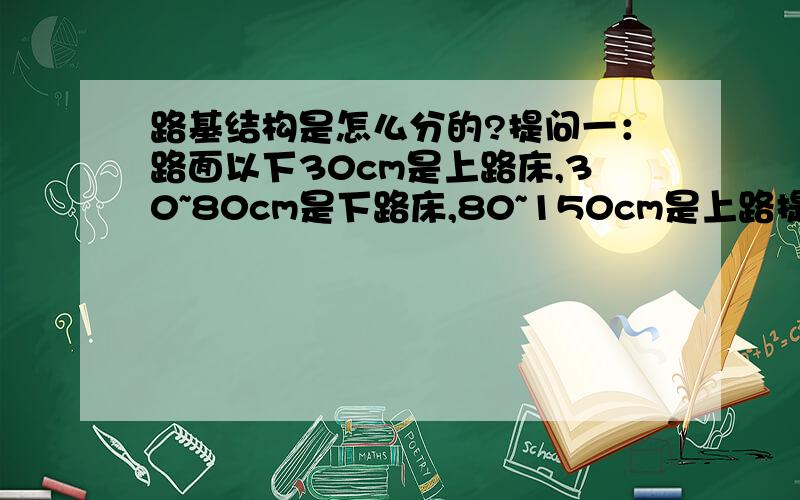 路基结构是怎么分的?提问一：路面以下30cm是上路床,30~80cm是下路床,80~150cm是上路提,150cm以下是