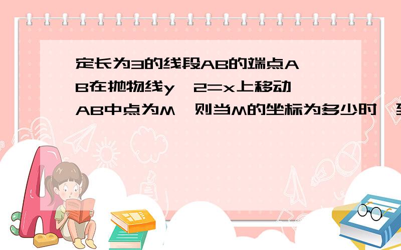 定长为3的线段AB的端点A,B在抛物线y^2=x上移动,AB中点为M,则当M的坐标为多少时,到y轴距离的最短,最...