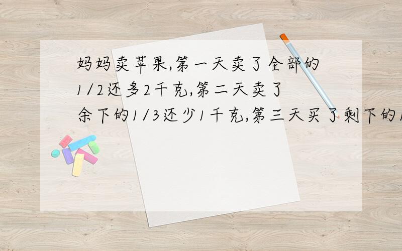 妈妈卖苹果,第一天卖了全部的1/2还多2千克,第二天卖了余下的1/3还少1千克,第三天买了剩下的1/4还多1千克