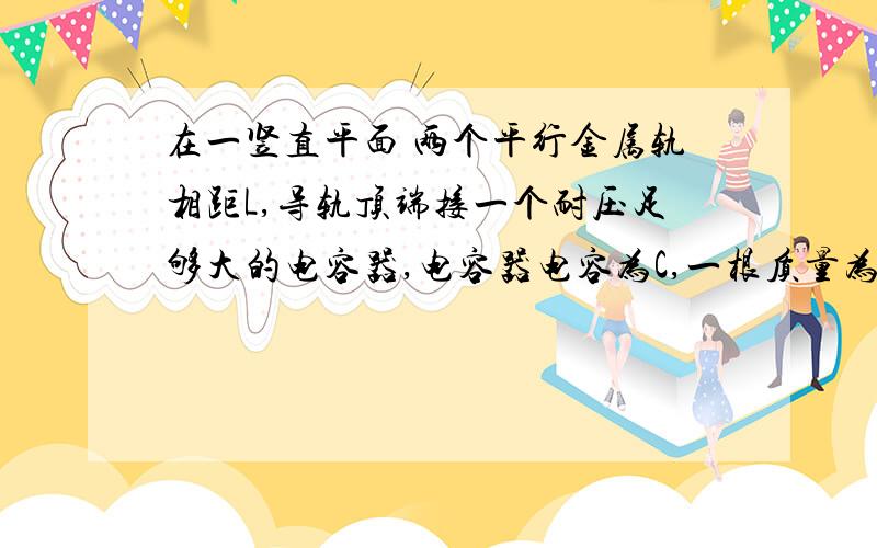 在一竖直平面 两个平行金属轨相距L,导轨顶端接一个耐压足够大的电容器,电容器电容为C,一根质量为m,电阻为R的金属棒MN