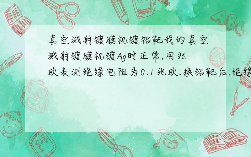 真空溅射镀膜机镀铝靶我的真空溅射镀膜机镀Ag时正常,用兆欧表测绝缘电阻为0.1兆欧.换铝靶后,绝缘电阻为0.3兆欧,功率