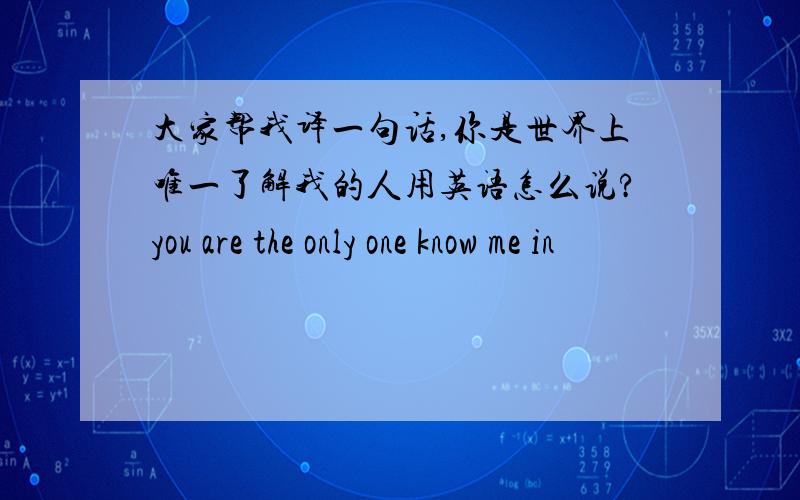 大家帮我译一句话,你是世界上唯一了解我的人用英语怎么说?you are the only one know me in