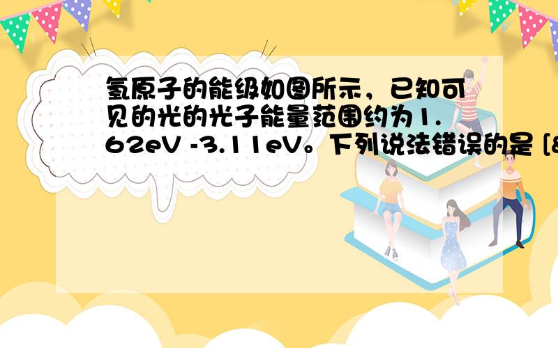 氢原子的能级如图所示，已知可见的光的光子能量范围约为1.62eV -3.11eV。下列说法错误的是 [ &nb