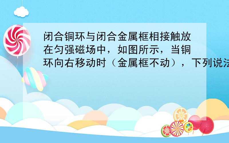 闭合铜环与闭合金属框相接触放在匀强磁场中，如图所示，当铜环向右移动时（金属框不动），下列说法中正确的是（　　）