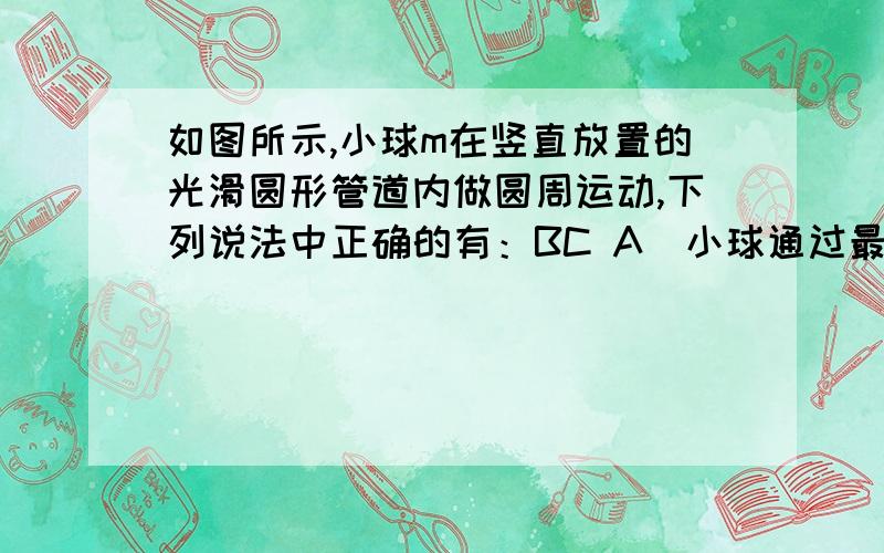 如图所示,小球m在竖直放置的光滑圆形管道内做圆周运动,下列说法中正确的有：BC A．小球通过最高点