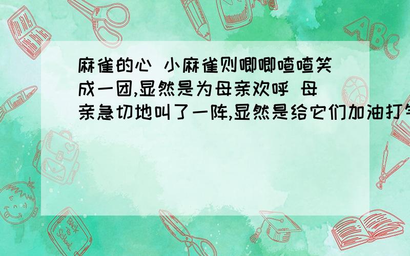 麻雀的心 小麻雀则唧唧喳喳笑成一团,显然是为母亲欢呼 母亲急切地叫了一阵,显然是给它们加油打气