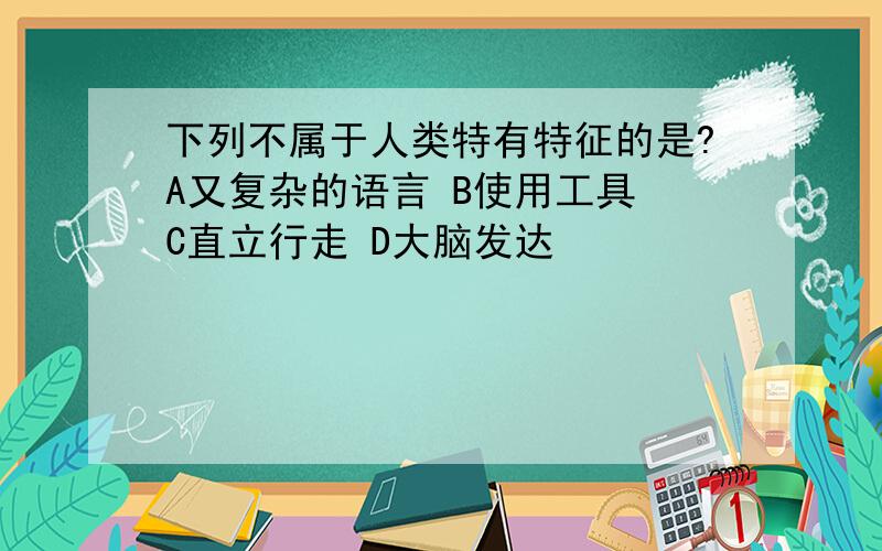 下列不属于人类特有特征的是?A又复杂的语言 B使用工具 C直立行走 D大脑发达