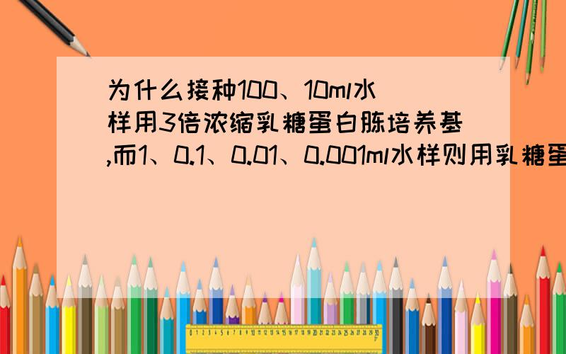 为什么接种100、10ml水样用3倍浓缩乳糖蛋白胨培养基,而1、0.1、0.01、0.001ml水样则用乳糖蛋白胨培养基