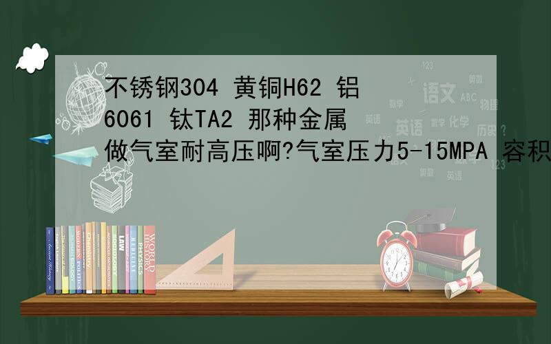 不锈钢304 黄铜H62 铝6061 钛TA2 那种金属做气室耐高压啊?气室压力5-15MPA 容积4CC