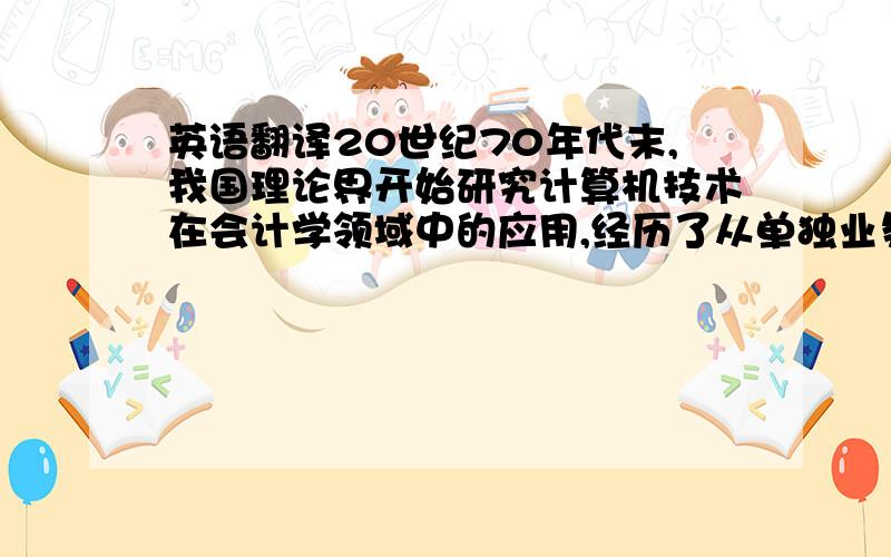 英语翻译20世纪70年代末,我国理论界开始研究计算机技术在会计学领域中的应用,经历了从单独业务模块的处理到核算型软件的发