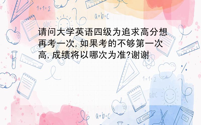 请问大学英语四级为追求高分想再考一次,如果考的不够第一次高,成绩将以哪次为准?谢谢