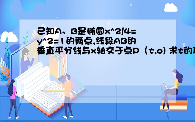 已知A、B是椭圆x^2/4=y^2=1的两点,线段AB的垂直平分线与x轴交于点P（t,o) 求t的取值范围