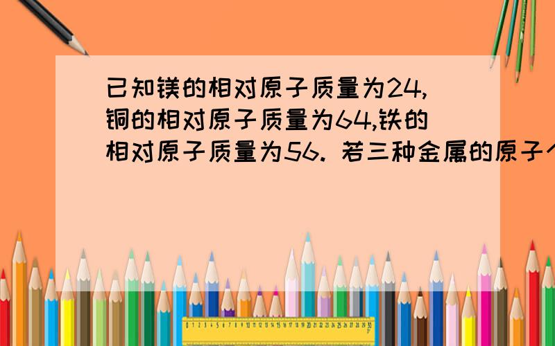 已知镁的相对原子质量为24,铜的相对原子质量为64,铁的相对原子质量为56. 若三种金属的原子个数