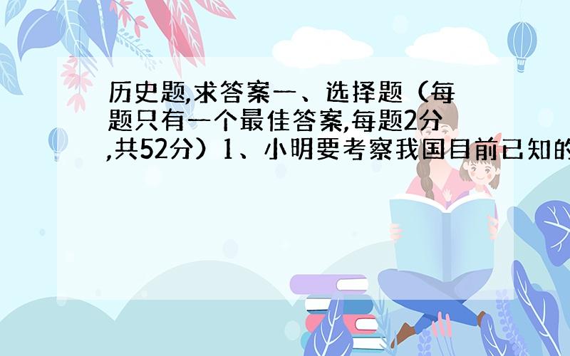 历史题,求答案一、选择题（每题只有一个最佳答案,每题2分,共52分）1、小明要考察我国目前已知的最早人类,他应该到（ ）